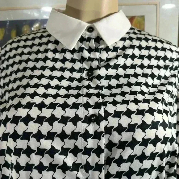 Houndstooth Printed Collared Neck Women’s Long Sleeve Shirt - Picture 4 of 9